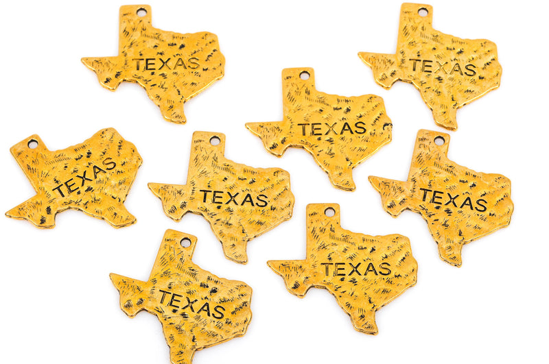 4 Stamped TEXAS STATE Cutout Charm Pendants, hammered antique gold tone metal, chg0265
