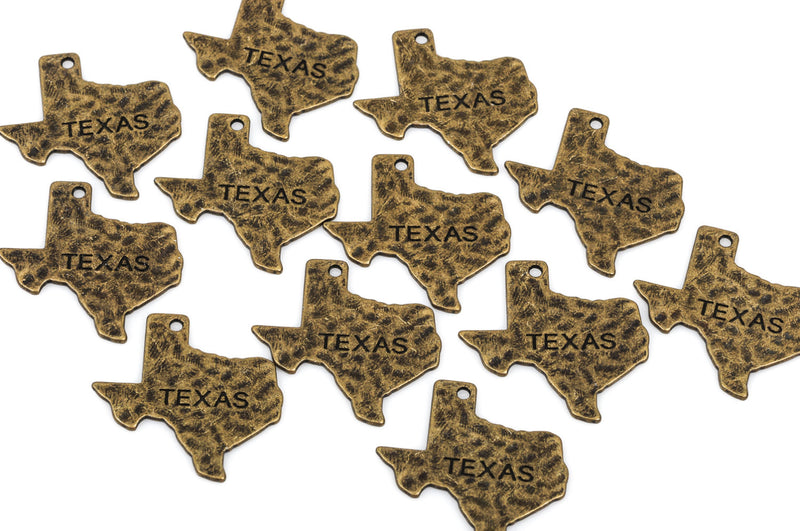 4 Stamped TEXAS STATE Cutout Charm Pendants, hammered antique bronze tone metal, chb0355