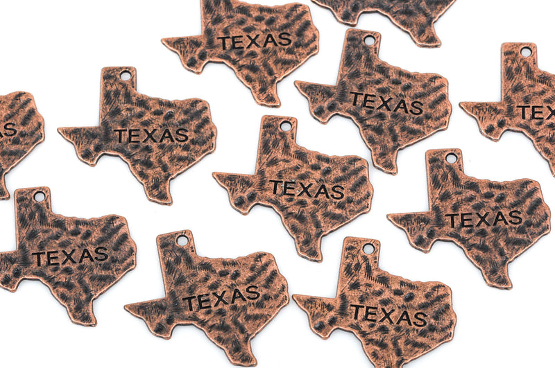 4 Stamped TEXAS STATE Cutout Charm Pendants, hammered antique copper tone metal, chc0035