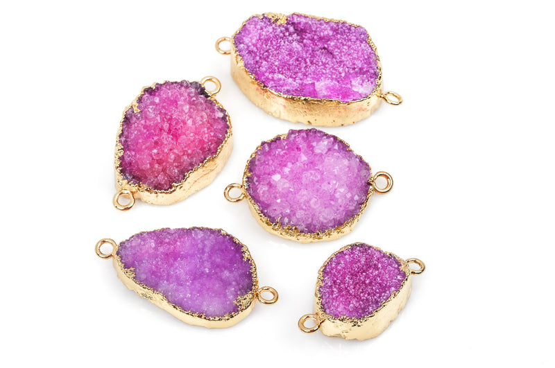 1 HOT PINK DRUZY Gemstone Connector Link, Gold Plated Bezel, fuchsia stone, about 1.5" long  gdz0086