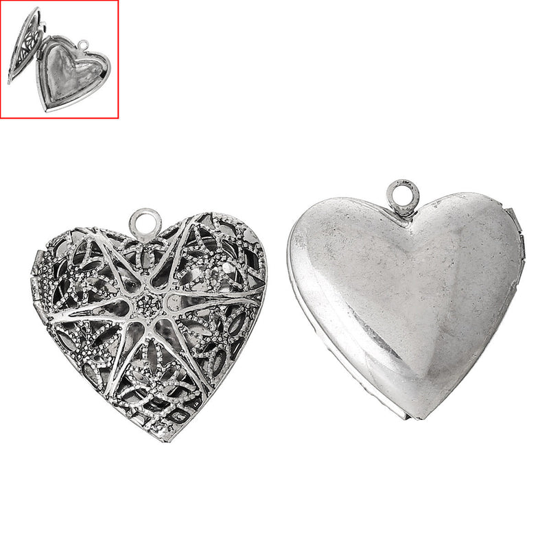 4 Silver Tone Picture Photo Locket Frame Pendants, Perfume Diffuser, HEART SHAPE with Filigree chs1841