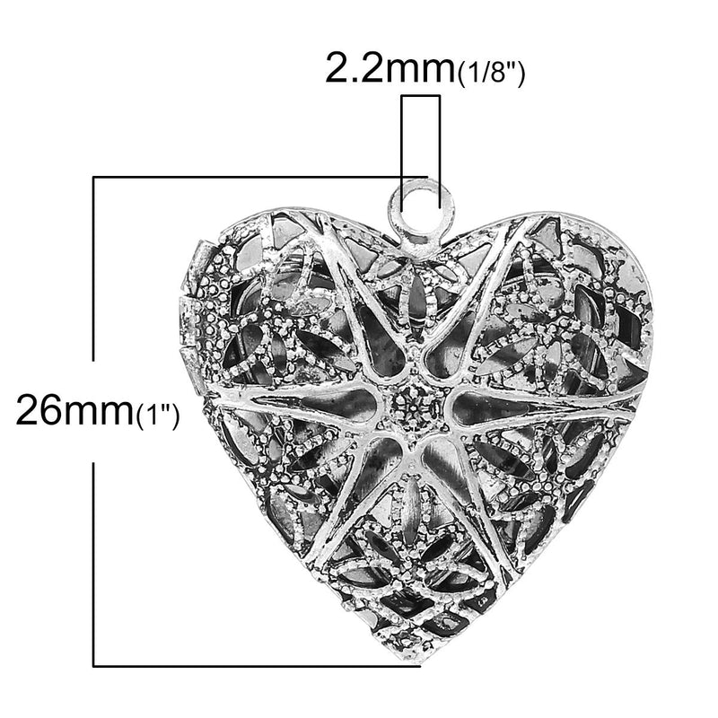 4 Silver Tone Picture Photo Locket Frame Pendants, Perfume Diffuser, HEART SHAPE with Filigree chs1841