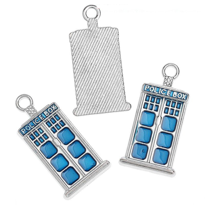 2 Small Blue Enamel and Silver Metal POLICE BOX Charm Pendant, 1" tall che0477