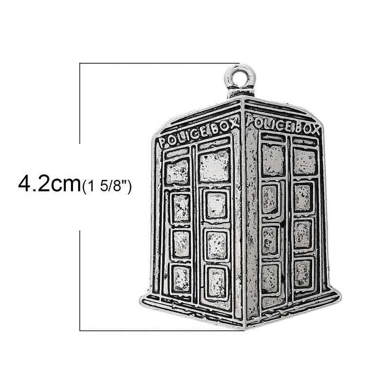 2 Large Metal POLICE BOX Charm Pendants, antiqued silver, 1-5/8" tall chs1842