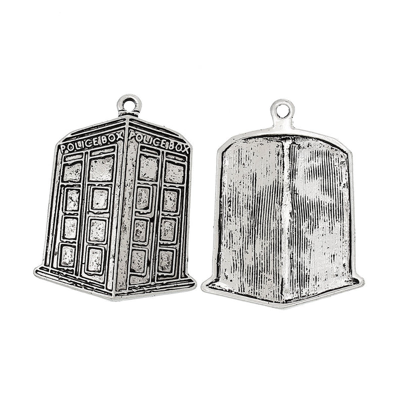 2 Large Metal POLICE BOX Charm Pendants, antiqued silver, 1-5/8" tall chs1842