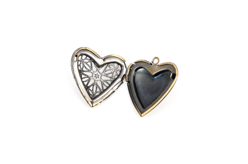 4 Bronze Picture Photo Locket Frame Pendants, Perfume Diffuser, HEART SHAPE with Filigree chb0360