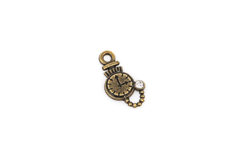 5 POCKET WATCH Charms with rhinestone crystals, Bronze Tone Metal, 5/8" tall chb0365