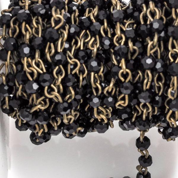 13 feet (4.33 yards) Black Crystal Rosary Chain, bronze, 4mm round faceted crystal beads, fch0267b