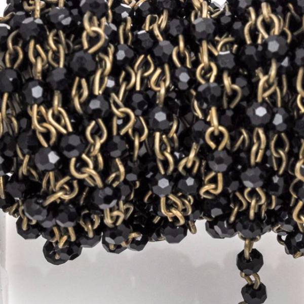 1 yard Black Crystal Rosary Chain, bronze, 4mm round faceted crystal beads, fch0267a
