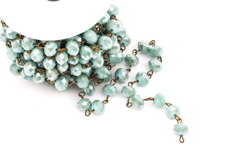 13 feet spool MINT GREEN Crystal Rondelle Rosary Chain, antique gold, 10mm faceted rondelle glass beads, fch0271b