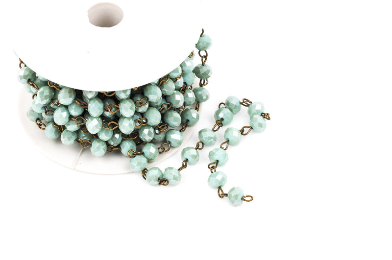 13 feet (4 meters) MINT GREEN Crystal Rondelle Rosary Chain, antique gold bronze, 8mm faceted rondelle glass beads, fch0268b