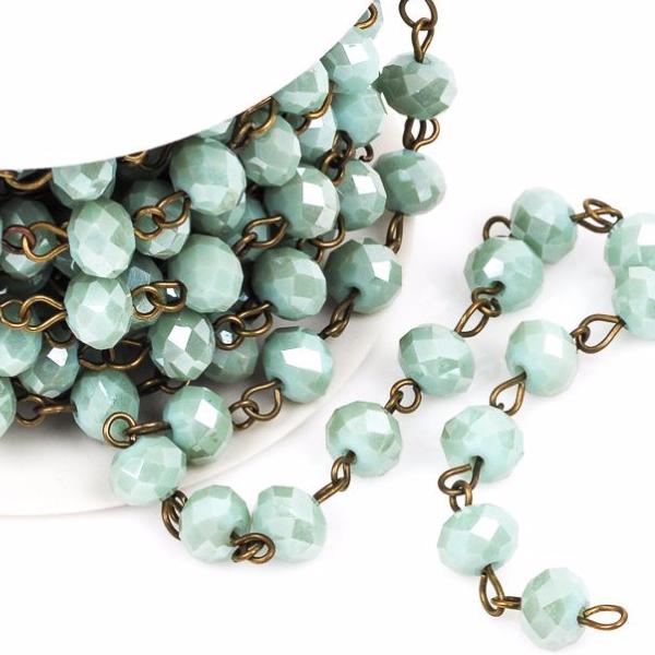 1 yard MINT GREEN Crystal Rondelle Rosary Chain, antique gold, 6mm faceted rondelle glass beads, fch0403a