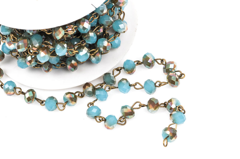 13 feet (4 meters) BLUE and RAINBOW AB Crystal Rondelle Rosary Chain, antique gold, 8mm faceted rondelle glass beads, fch0270b