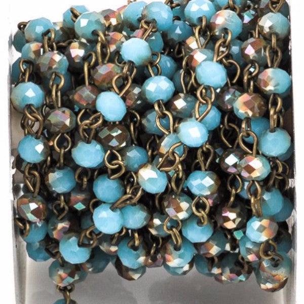 1 yard BLUE and RAINBOW AB Crystal Rondelle Rosary Chain, antique bronze, 6mm faceted rondelle glass beads, fch0269a