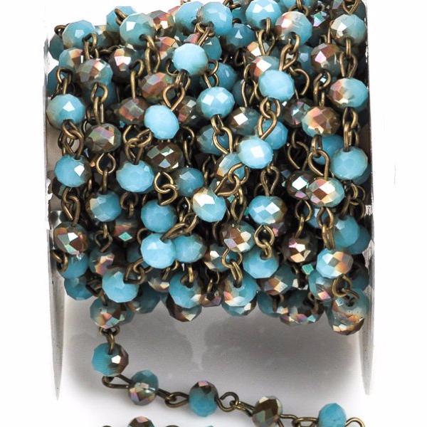 13 feet (4.33 yards) BLUE and RAINBOW AB Crystal Rondelle Rosary Chain, antique bronze, 6mm faceted rondelle glass beads, on spool, fch0269b