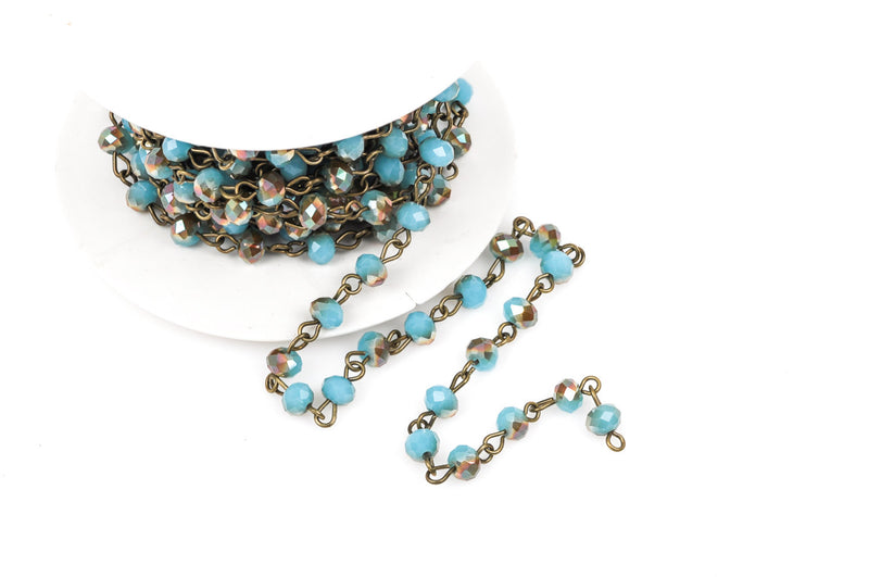 1 yard BLUE and RAINBOW AB Crystal Rondelle Rosary Chain, antique bronze, 6mm faceted rondelle glass beads, fch0269a