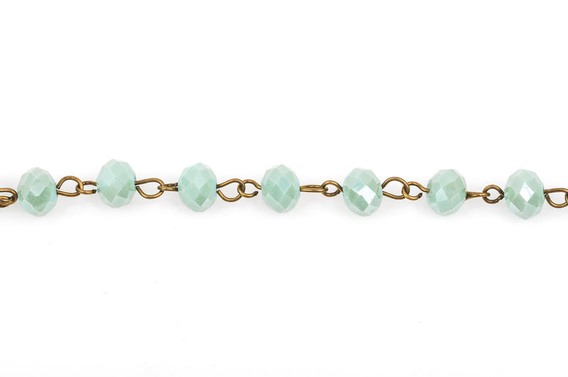1 yard MINT GREEN Crystal Rondelle Rosary Chain, antique gold bronze, 8mm faceted rondelle glass beads, fch0268a