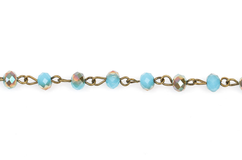 1 yard BLUE and RAINBOW AB Crystal Rondelle Rosary Chain, antique bronze, 6mm faceted rondelle glass beads, fch0269a