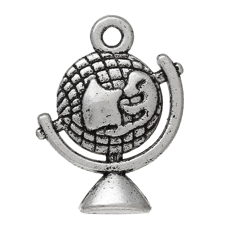 5 WORLD GLOBE Charm Pendants, antique silver tone metal, chs1854