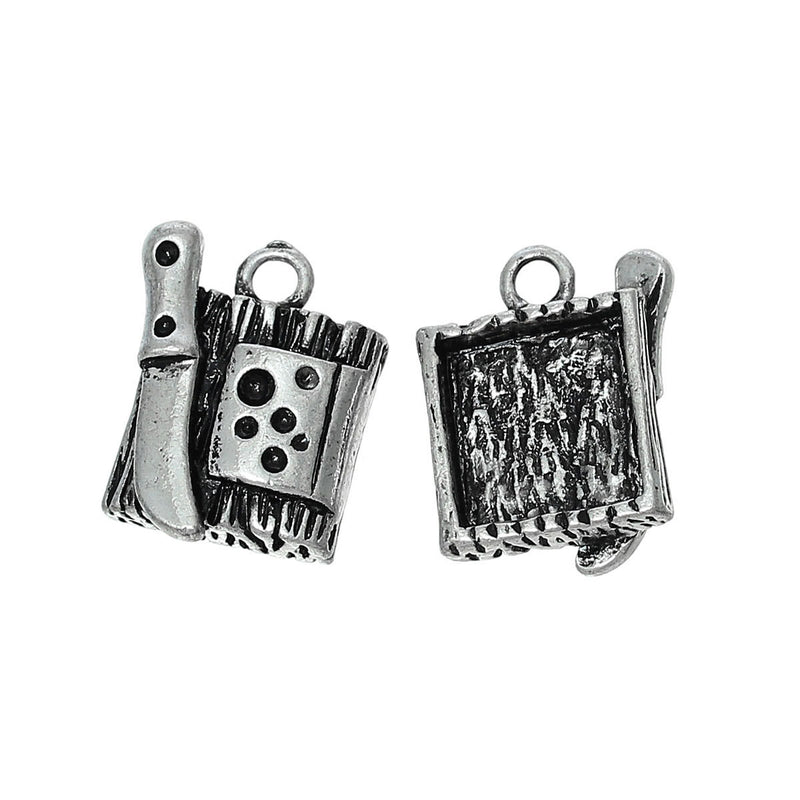 2 CHEESE TRAY Charms, cutting board and knife, cheese, antique silver tone metal, chs1849