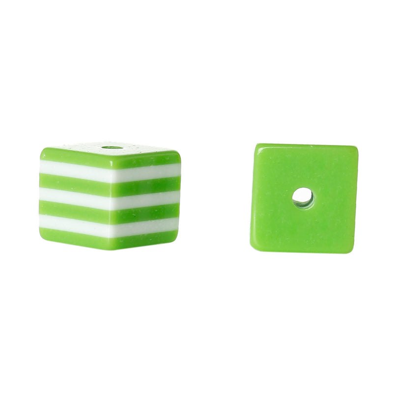 25 LIME GREEN 10mm x 9mm Acrylic Cube Beads, Stripes, bulk package, bac0303a