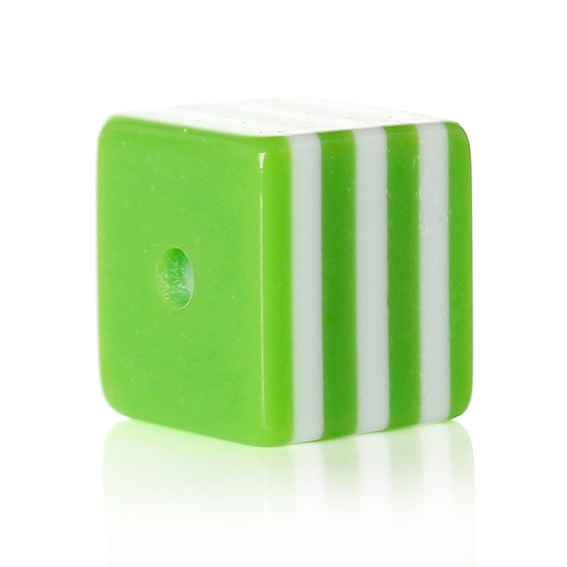 25 LIME GREEN 10mm x 9mm Acrylic Cube Beads, Stripes, bulk package, bac0303a