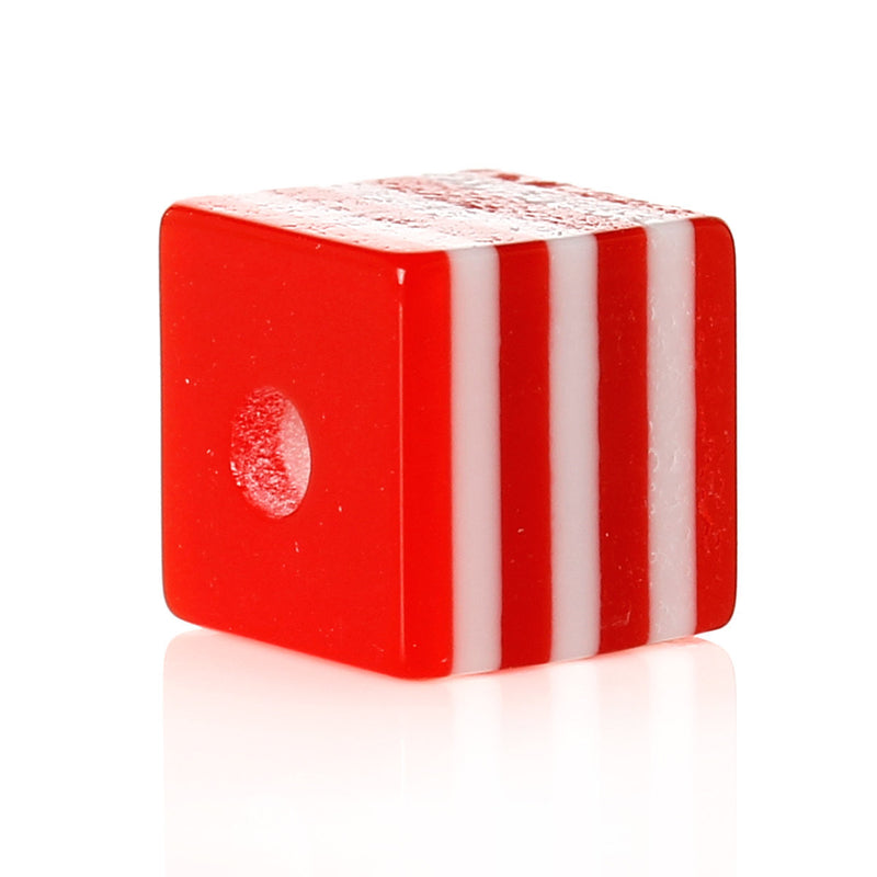 25 LIGHT RED 10mm x 9mm Acrylic Cube Beads, Stripes, bulk package, bac0305a