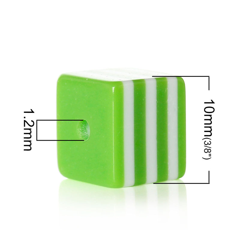 25 LIME GREEN 10mm x 9mm Acrylic Cube Beads, Stripes, bulk package, bac0303a