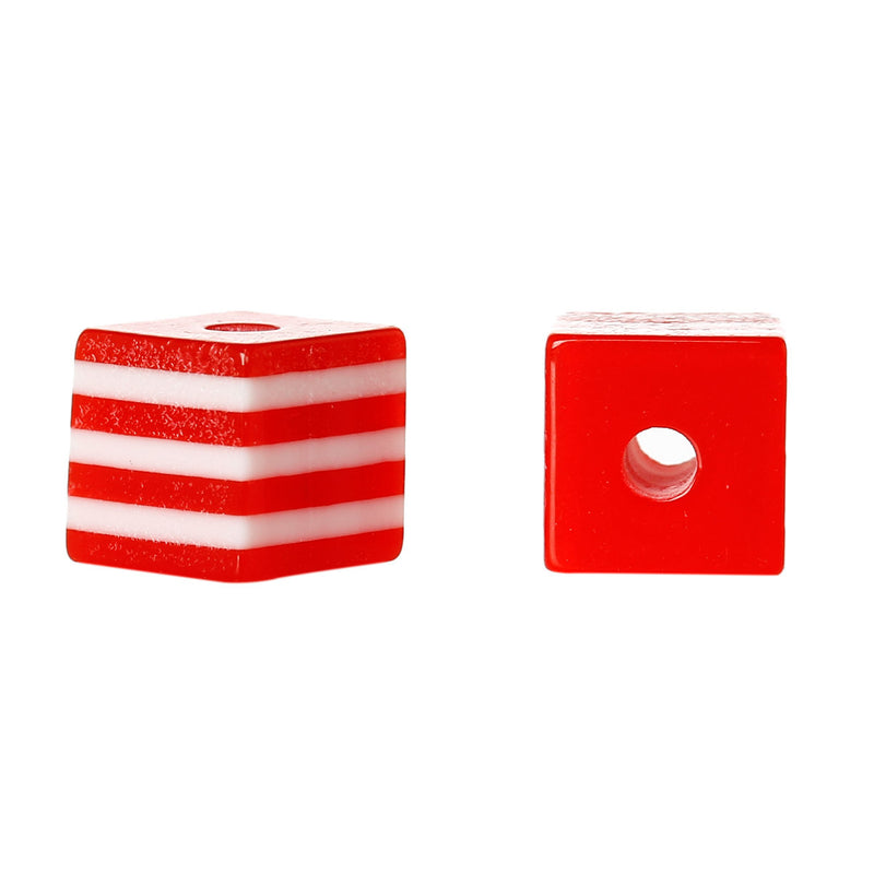 25 LIGHT RED 10mm x 9mm Acrylic Cube Beads, Stripes, bulk package, bac0305a