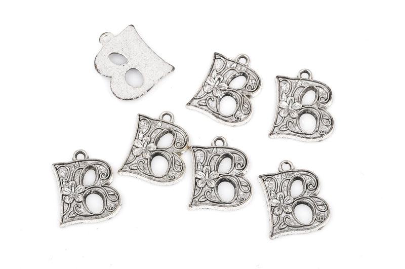 8 Letter B Monogram Silver Charm Pendants, cut out alphabet design with flowers, chs1865