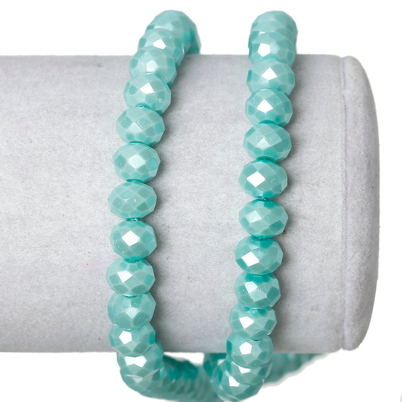 8mm x 6mm Pearl LIGHT TURQUOISE BLUE Opaque Crystal Glass Faceted Rondelle Beads . double strand, about 144 beads, bgl1227