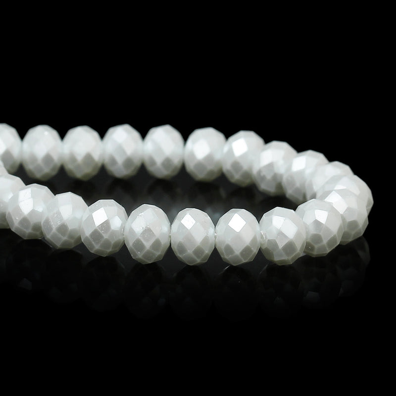 8mm x 6mm Pearl WHITE Opaque Crystal Glass Faceted Rondelle Beads . double strand, about 144 beads, bgl1228