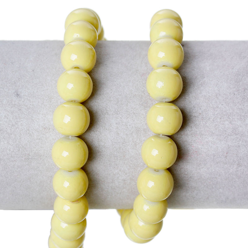 10mm Round Glass Beads, YELLOW CHIFFON, smooth, double strand, about 90 beads,  bgl1229
