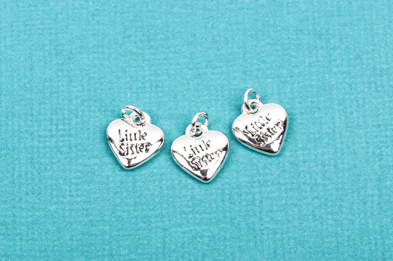 LITTLE SISTER Heart Charm, Silver Plated Pendant, double sided, chs1881