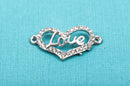 2 Rhinestone Sideways HEART LOVE Links, silver tone metal base and clear crystals chs1878