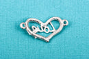2 Rhinestone Sideways HEART LOVE Links, silver tone metal base and clear crystals chs1878