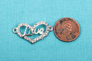 2 Rhinestone Sideways HEART LOVE Links, silver tone metal base and clear crystals chs1878