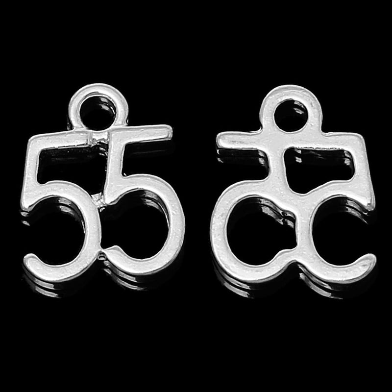 6 Number 55 Charms, Silver Plated Pendants, number fifty five, chs1884