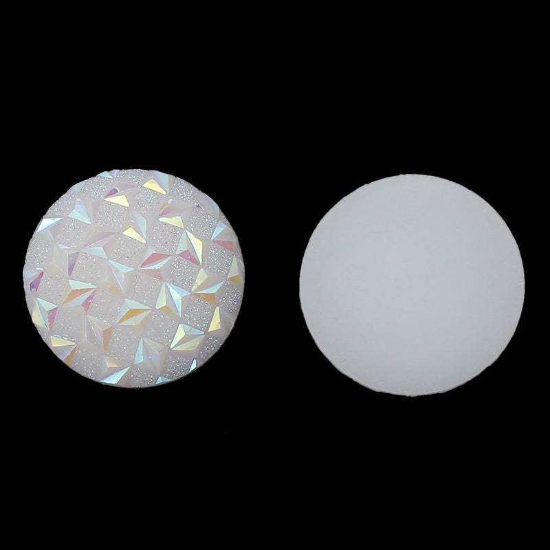 10 Round Druzy Cabochons, Resin Metallic Frosted WHITE AB, criss-cross pattern, 22mm, bulk package, faux druzy, cab0326a