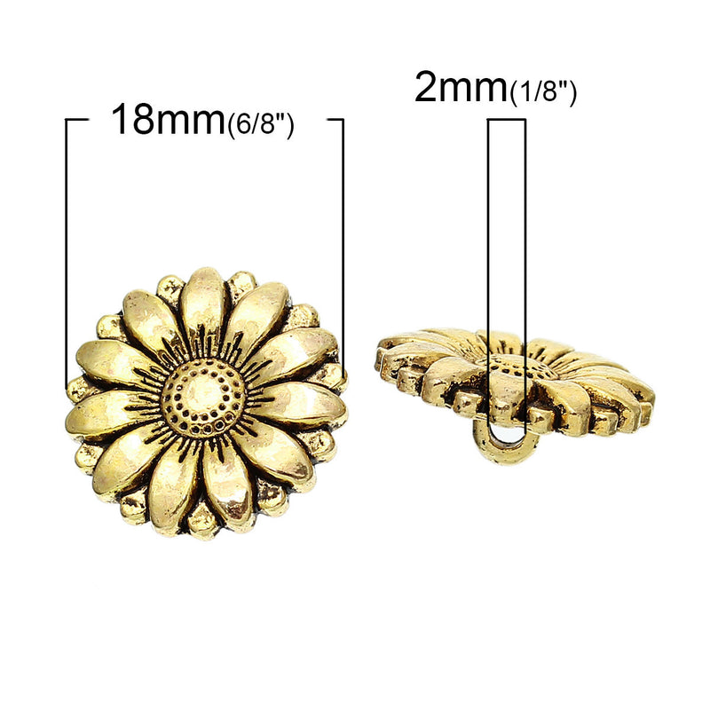 6 Gold Tone Metal FLOWER Shank Buttons for Jewelry Making, Scrapbooking, Sewing, daisy flower button  but0238
