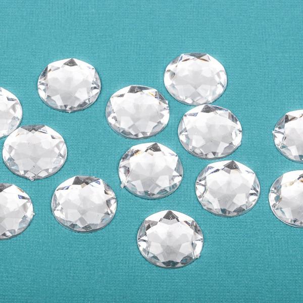 20 Round Faux Crystals Cabochons, clear acrylic, faceted, flat back, 16mm, 5/8",  cab0601