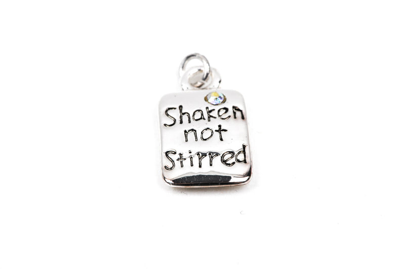 1 Silver Plated Martini Glass "Shaken not stirred" Charm with one Rhinestone double sided, stamped, chs1913