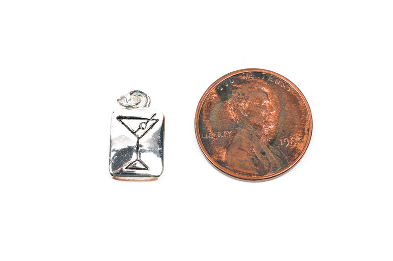 1 Silver Plated Martini Glass "Shaken not stirred" Charm with one Rhinestone double sided, stamped, chs1913