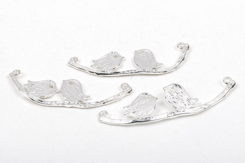 4 Silver Plated Birds on a Branch Charm Pendant Connector, 2 holes, chs1903