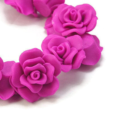 4 Medium HOT PINK Polymer Clay Rose Flower Beads 30mm (about 1.25" x 0.5") pol0021