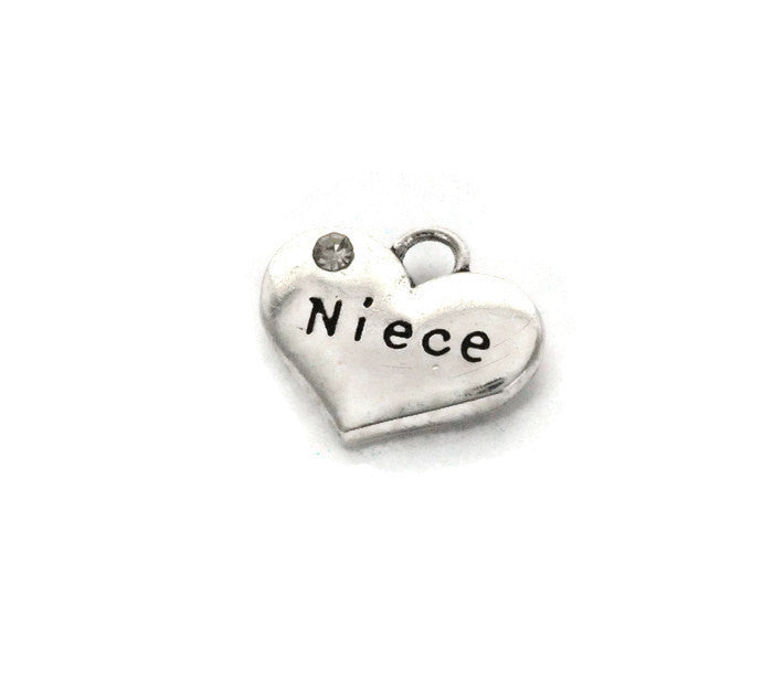 1 Silver Tone Rhinestone " Niece " Heart Charm Pendant 16x14mm (5/8"x1/2") chs0162a
