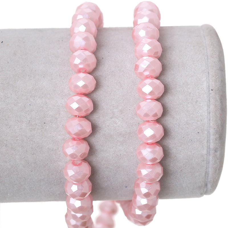 8mm x 6mm Metallic Pearl PASTEL PINK Opaque Crystal Glass Faceted Rondelle Beads . double strand, about 144 beads, bgl1237