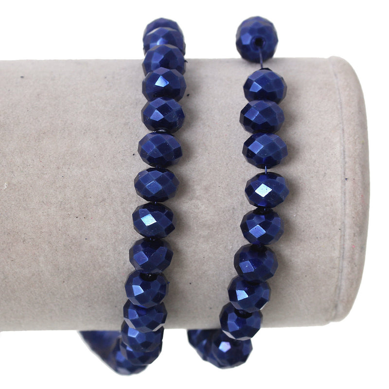 8mm x 6mm Metallic Pearl NAVY BLUE Opaque Crystal Glass Faceted Rondelle Beads . double strand, about 144 beads, bgl1239