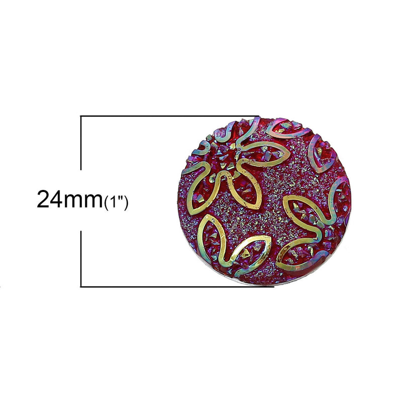 10 Round Resin Faux DRUZY Cabochons, 25mm, 1"  metallic red and gold foil flower pattern, cab0329a