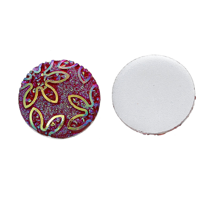 10 Round Resin Faux DRUZY Cabochons, 25mm, 1"  metallic red and gold foil flower pattern, cab0329a